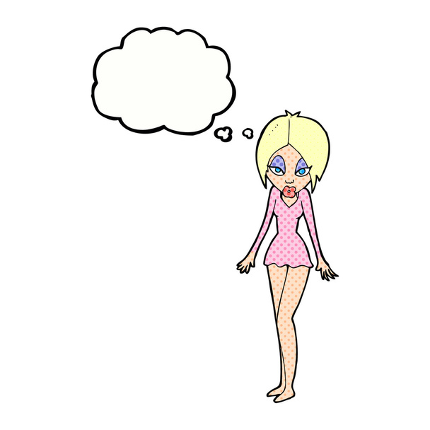 思考バブルの短いドレスを着た漫画の女性 - ベクター画像
