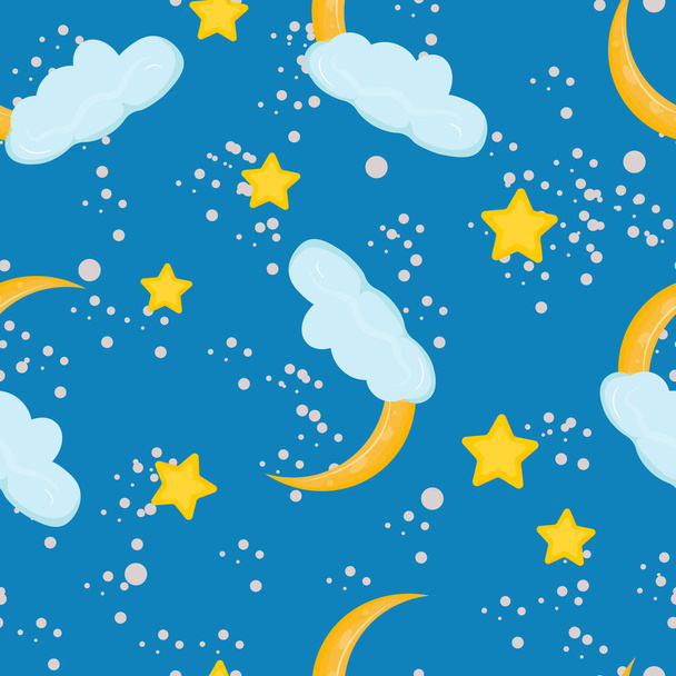 Μπλε απρόσκοπτη μοτίβο με ένα φεγγάρι, σύννεφα και αστέρια. Για υφάσματα, χαρτιά, ταπετσαρίες, συσκευασίες - Διάνυσμα, εικόνα
