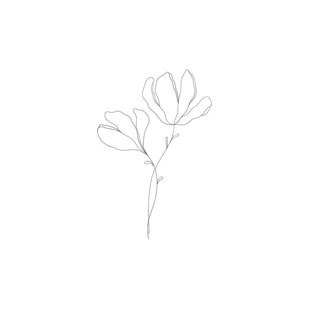 Minimalistischer linearer Blumenzweig. Kleine florale Zierelemente, winzige feine botanische Blätter, Tätowierskizze. Vektorkunst. - Vektor, Bild
