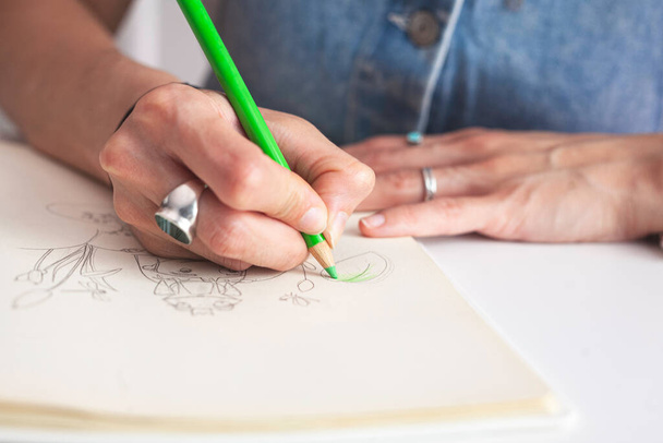 Primo piano delle mani dell'illustratrice che colorano il suo lavoro.  - Foto, immagini