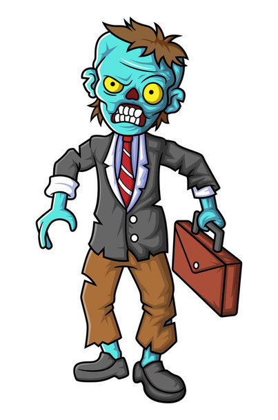 Espeluznante zombie empresario personaje de dibujos animados sobre fondo blanco de la ilustración - Vector, imagen