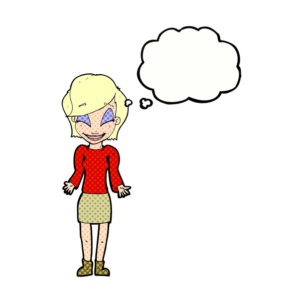 dibujos animados mujer feliz encogiéndose de hombros con burbuja de pensamiento
 - Vector, Imagen