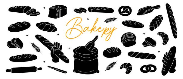 Bakery sketch set. Bread and pastry banner menu illustration. Whole grain and wheat bread, pretzel, ciabatta, croissant, french baguette. Vector illustration isolated on white background. - Vector, Image
