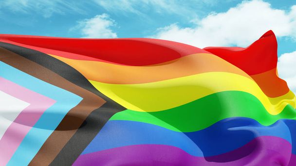Tęczowa flaga trzepocze na wietrze. Nowy symbol praw LGBTQ +. - Zdjęcie, obraz