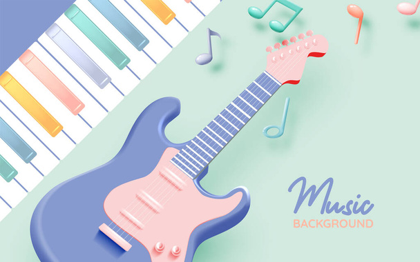 Electric guitar with Music notes, song, melody or tune 3d realistic vector icon for musical apps and websites background vector illustration - Vector, Image