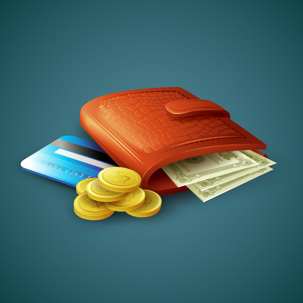 Geldbörse mit Geld, Kreditkarten und Münzen. Vektorillustration - Vektor, Bild