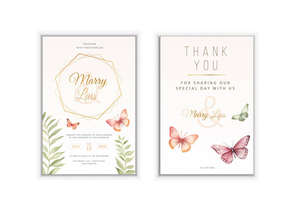 Wedding Invitation, floral invite thank you, rsvp modern card Design: green tropical palm leaf greenery eucalyptus branches decorative wreath frame pattern. Vector elegant watercolor rustic template - Vector, Image