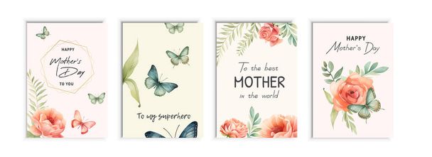 Set von Grußkarten zum Muttertag. Sammlung von strukturierten zarten Glückwunschkarten zum Muttertag mit Blumen. Banner, Poster, Einladungskarten-Vorlagen mit schönen Frühlingsblumen - Vektor, Bild