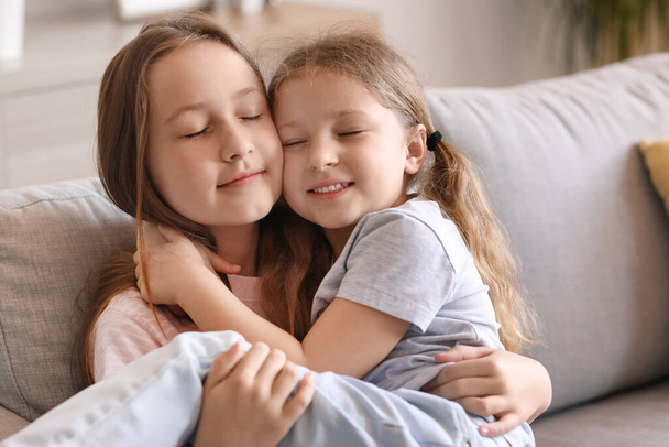 Симпатичні маленькі сестри обіймаються на дивані вдома - Фото, зображення