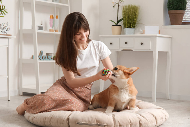 Красивая молодая женщина сидит на кровати с милой собакой Корги в гостиной - Фото, изображение