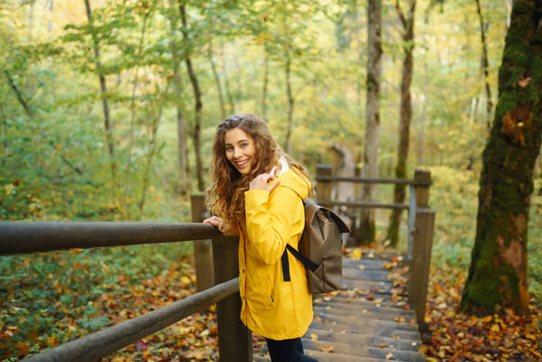 Autumn hike in nature. Woman in a yellow coat with a backpack walks along a wooden staircase, a path, enjoying the autumn scenery in the forest. Concept of nature, hiking, travel. - 写真・画像