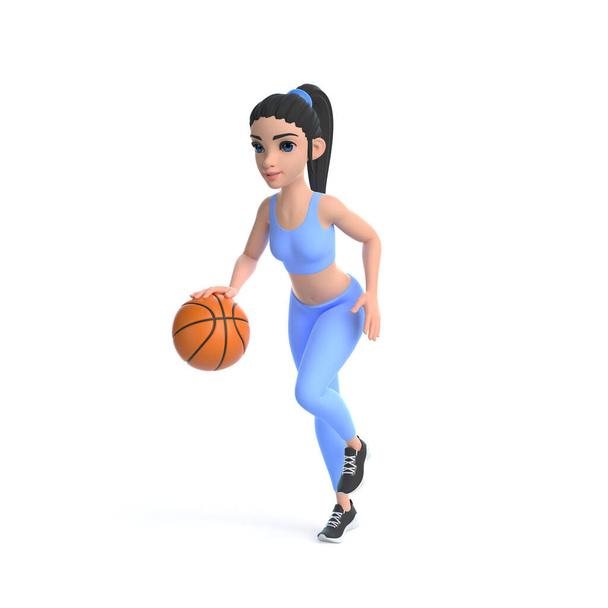 Cartoon character woman in sportswear playing basketball isolated on white background. 3D render illustration - Foto, afbeelding