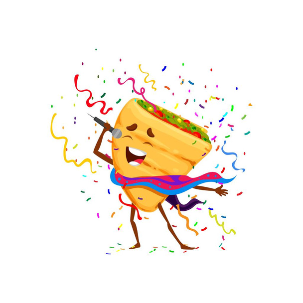 Mexikanische tex mex quesadilla Charakter auf Ferienparty. Isolierte Vektor lustige Essen Persönlichkeit singen mit Mikrofon Admiral bunte fallende Konfetti während Karaoke-Freizeit oder Fiesta-Performance - Vektor, Bild