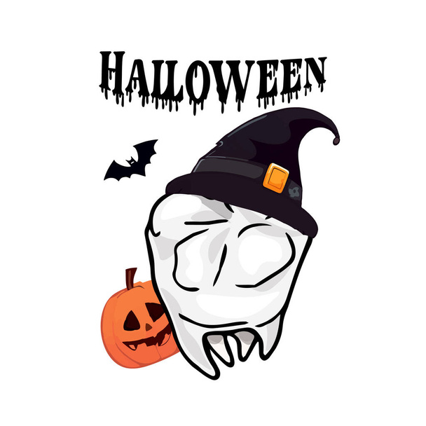 Glücklicher Zahn. Zahnarzttag. Illustration von Zähnen und Halloween-Hüten, Kürbissen - Vektor, Bild