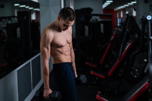 Shirtless man doing bicep exercises with dumbbells in the gym - Foto, afbeelding