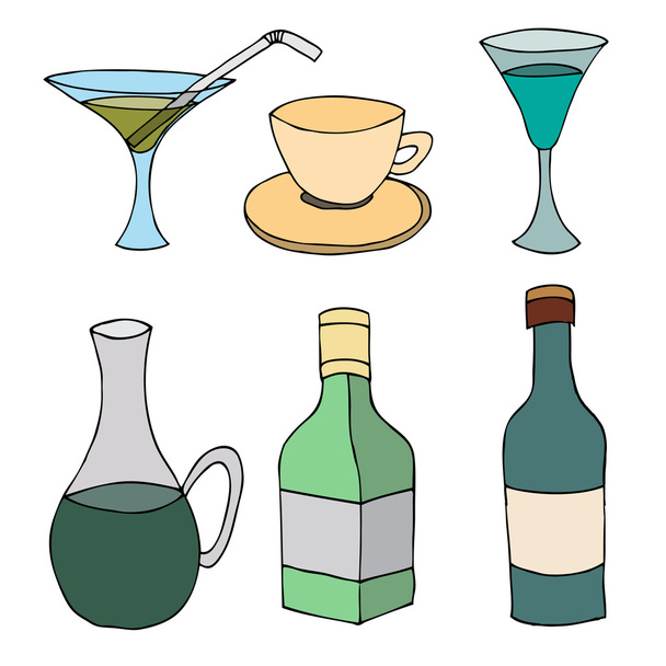Set of Crockery, glass bottle and cup - Vector, Image
