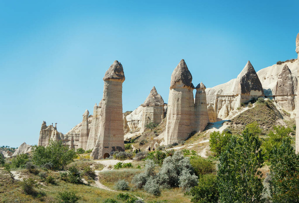 Unikátní geologické útvary v Love Valley v Cappadocii proti modré obloze v létě. Oblíbená turistická oblast v Goreme, Nevsehir, Turke - Fotografie, Obrázek
