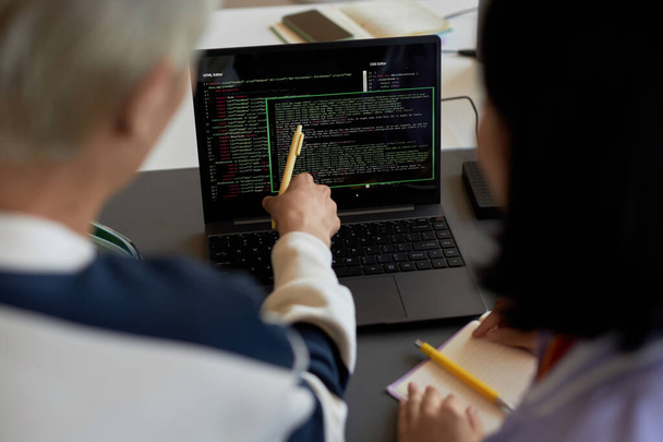 新しいソフトウェアのプレゼンテーション中にノートパソコンの画面上のコードを指すペンを持つ男とレッスンで主題の説明 - 写真・画像