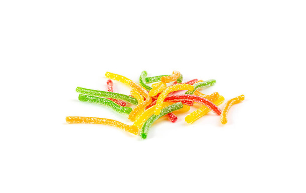 Rainbow Gummy Candy Pile Isolated, Sour Jelly Candies Strips in Sugar Sprinkle, Chewing Colorful Striped Marmalade, Gelatin Candies Set on White Background - Фото, зображення