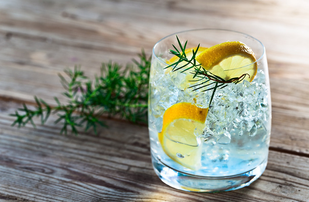 Gin con limone e ramo di ginepro
 - Foto, immagini