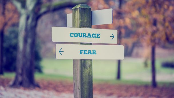 Ρουστίκ ξύλινη πινακίδα σε ένα φθινόπωρο Παρκ με τα λόγια του θάρρος - Fe - Φωτογραφία, εικόνα