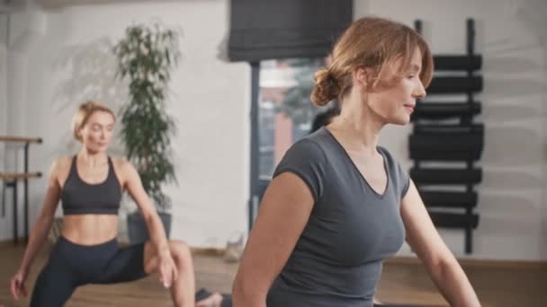 Tým sportovních žen roztahuje nohy na fitness rohože v útulném wellness centru. Posílení a uzdravení jejich těl. Zdraví lidé trénují společně v klidné atmosféře. - Záběry, video