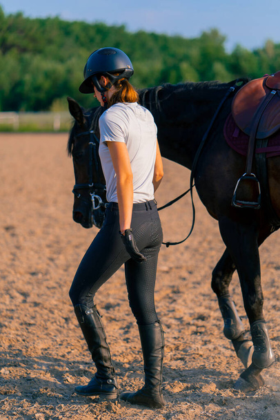 Un cavaliere casco conduce il suo bellissimo cavallo nero dall'imbracatura nel maneggio durante una passeggiata a cavallo - Foto, immagini