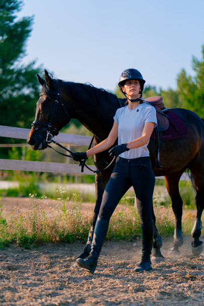 Un cavaliere casco conduce il suo bellissimo cavallo nero dall'imbracatura nel maneggio durante una passeggiata a cavallo - Foto, immagini