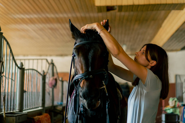 Eine Reiterin schnallt ihr schwarzes Pferd in den Stall, um sich auf das Rennpferdekonzept vorzubereiten - Foto, Bild