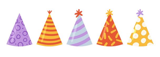 Kleurrijke verjaardagsfeestmutsen. Feestkop accessoires, gelukkige verjaardag cap vector cartoon illustratie - Vector, afbeelding