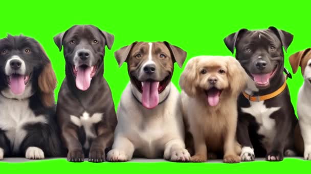 Diverse razze di cani su uno sfondo verde, simpatici cani su uno sfondo schermo verde - Filmati, video