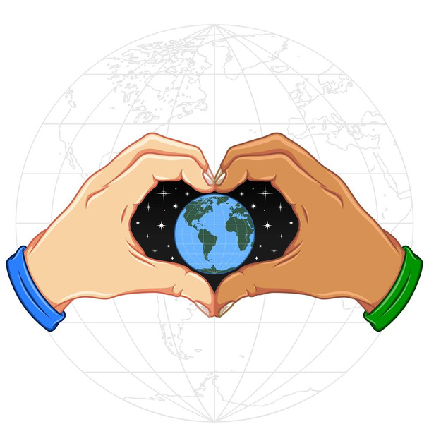 Projekt wektorowy Ręce tworzące serce z planetą Ziemia, jako symbol ochrony przyrody - Wektor, obraz