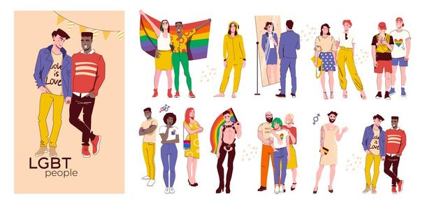 Lgbtコミュニティの人々 ゲイのレズビアントランスジェンダーバイセクシュアルキャラクターのフラットコンポジションセット 単離ベクターイラスト - ベクター画像
