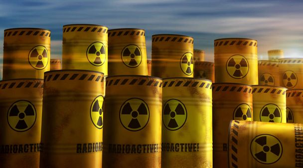 Barili di scorie radioattive nucleari in fila concetto. Pericolo inquinamento da radiazioni contenitori industriali 3d illustrazione. - Foto, immagini