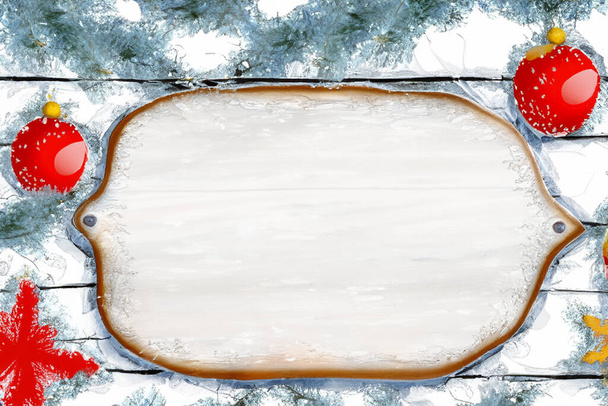 Inverno e Natal fundo temático com espaço de cópia, com placa de madeira pintada de branco velho, com ramos de abeto, bugigangas e decorações de Natal. - Foto, Imagem