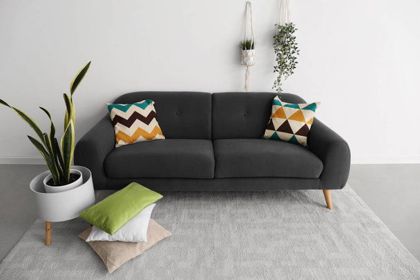 Canapé confortable noir avec coussins et plantes d'intérieur près du mur blanc - Photo, image