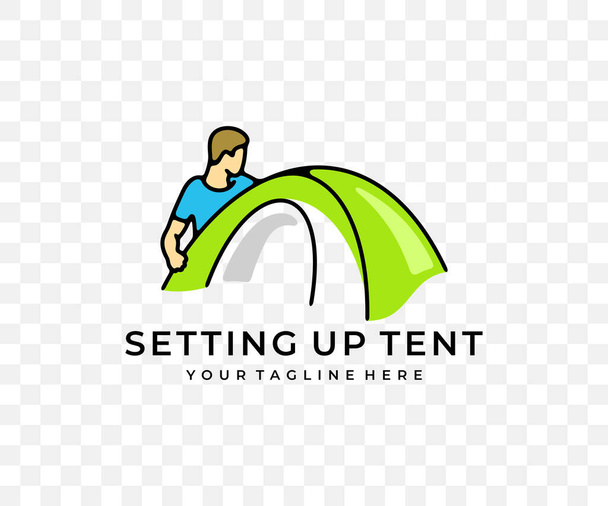 Az ember felállít egy sátrat, kempinget és tábort, színes grafikát. Turizmus, túrázás, túrázás, természet- és kempingezés, vektortervezés és illusztráció - Vektor, kép