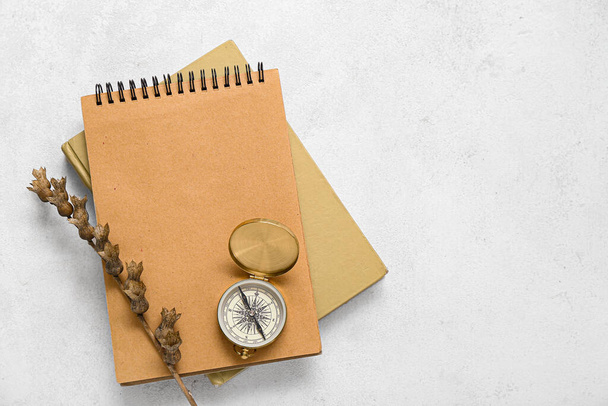 Bilsenkraut-Samenschoten mit Notizbüchern und Kompass auf weißem Grunge-Hintergrund - Foto, Bild