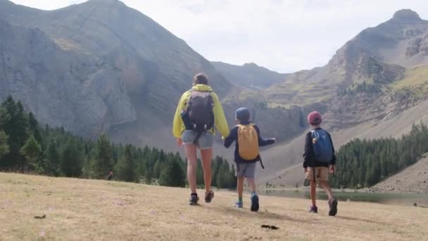 若いアクティブな母親と彼女の小さな息子が山でハイキング  - 映像、動画