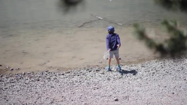 garçon jetant des pierres dans la rivière dans la forêt - Séquence, vidéo