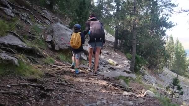 Οικογενειακή πεζοπορία μέσα από τα βουνά, αγκαλιάζοντας την ελευθερία του μεγάλου εξωτερικού χώρου - Πλάνα, βίντεο