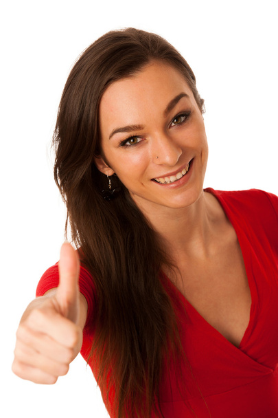 Besutiful kobieta skrzyżowane sukcesu z pokazując kciukiem w - Zdjęcie, obraz