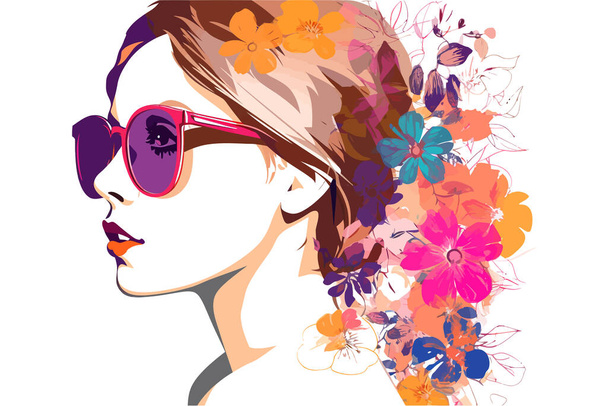 Dívka v brýlích s květinovým vzorem. Návrh vektorové ilustrace. - Vektor, obrázek