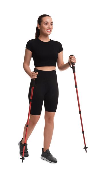 Woman with poles for Nordic walking isolated on white - Φωτογραφία, εικόνα