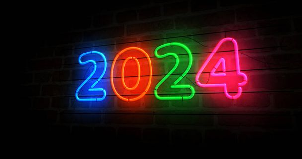 2024 anno simbolo neon simbolo. Lampadine a colori. Concetto astratto Illustrazione 3d. - Foto, immagini