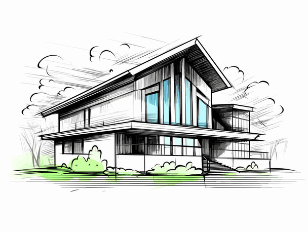 Modern House in Sketch Vector 'un el çizimi, yüksek dinamik aralık, hassas çizgiler ve şekiller, gerçekçi ve detaylı çizimler tarzında. - Vektör, Görsel