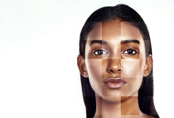 Portrait, beauty and skincare transformation with a woman in studio isolated on white background. Skin, mockup and facial recognition with a model scanning her face for change or makeup innovation. - Photo, Image