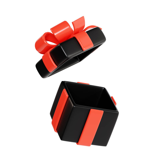Открытая черная подарочная коробка с ярко-красной лентой и бантом с трехмерной иллюстрацией. Пустой пакет подарков для продажи в черную пятницу или бонус-концепция. Сюрприз пакет - реклама или скидка промо элемент дизайна. - Фото, изображение