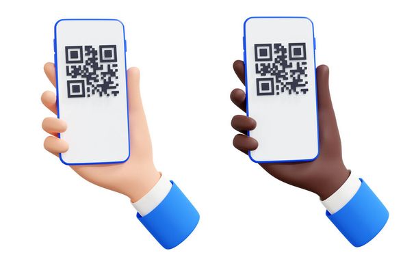QR ανάγνωση κώδικα 3d καθιστούν εικονογράφηση - χέρι στο κοστούμι των επιχειρήσεων κρατώντας το κινητό τηλέφωνο με barcode στην οθόνη. Άχρηστη πληρωμή ή αναζήτηση της έννοιας των πληροφοριών. Smartphone με σαρωτή qrcode. - Φωτογραφία, εικόνα