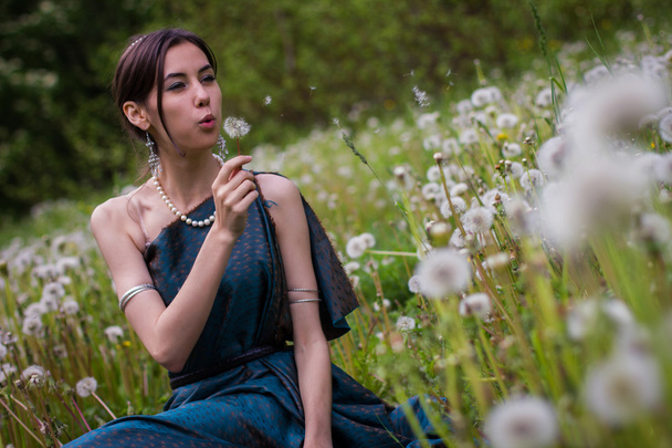 girl in dress blowing on a dandelion - Photo, image